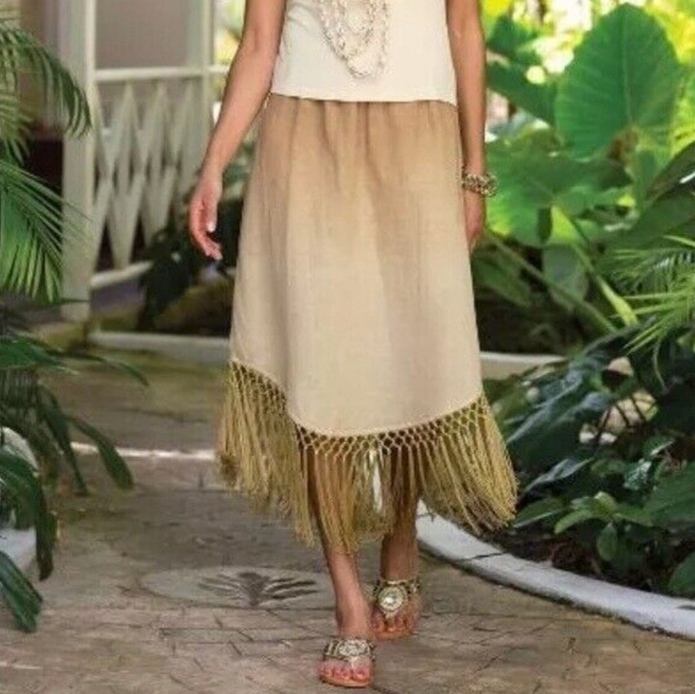 NWT Soft Surroundings Skirt Sz L Fiesta Birch Fringe Hem Linen Blend Bohemian